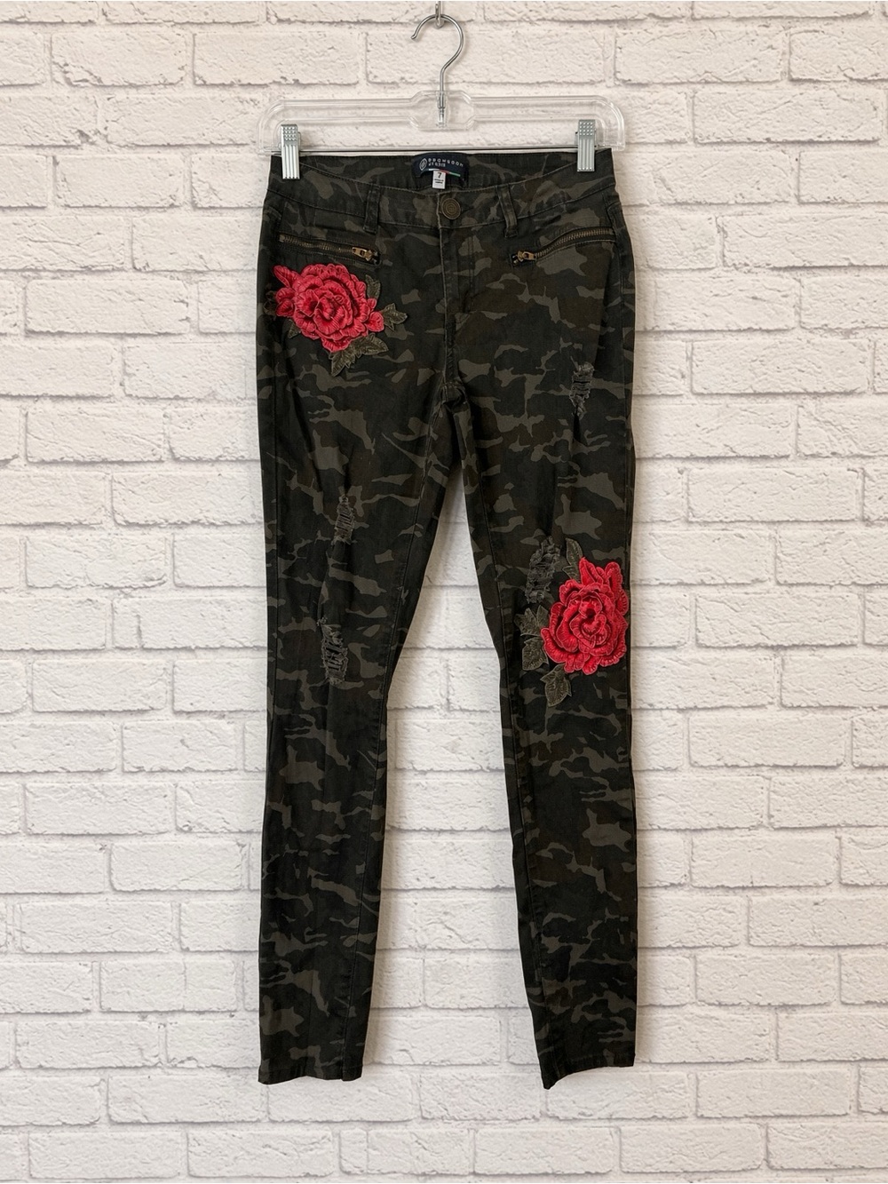Boom Boom Jeans Black Camo Jeans with Red Rose Appliqués - 7